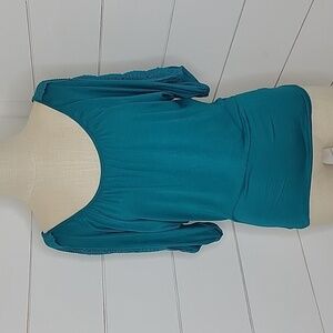 WRAPPER xs blueish green short sleeve shirt with crochet on sleeves